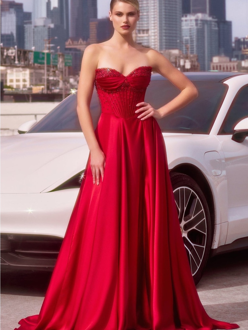 Strapless Red Prom Gown with Beaded Sweetheart Bodice